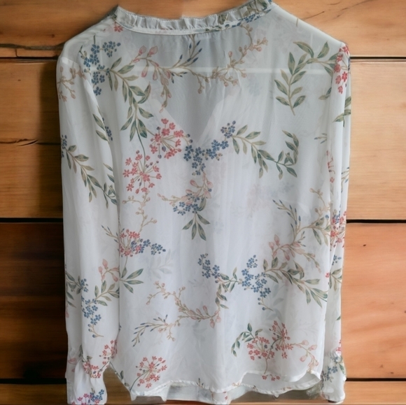 Beautiful Liz Claiborne sheer long sleeve blouse white floral size M - Picture 2 of 3